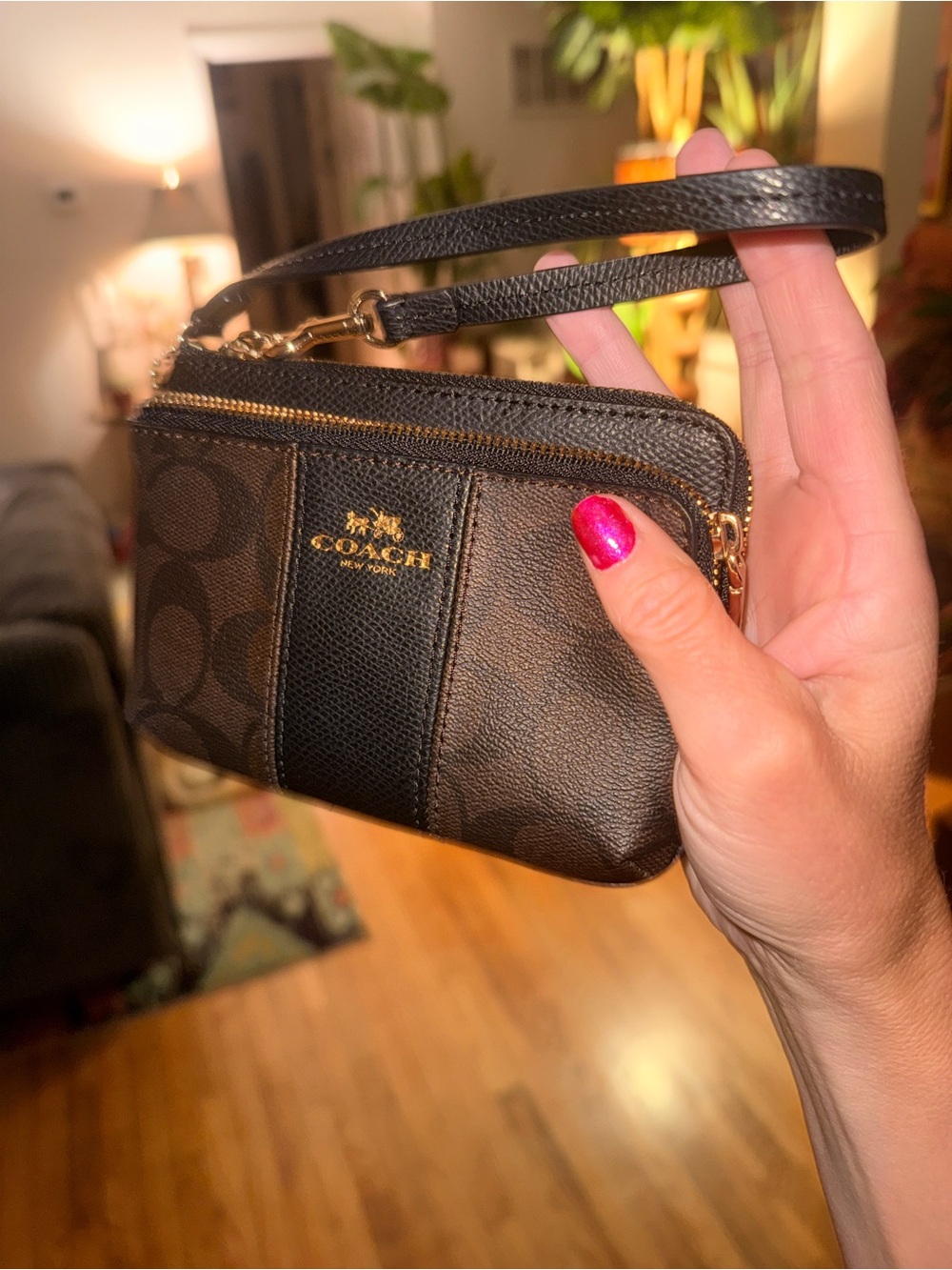 NWT | COACH Brown and Black Signature Leather Wristlet with Gold Hardware